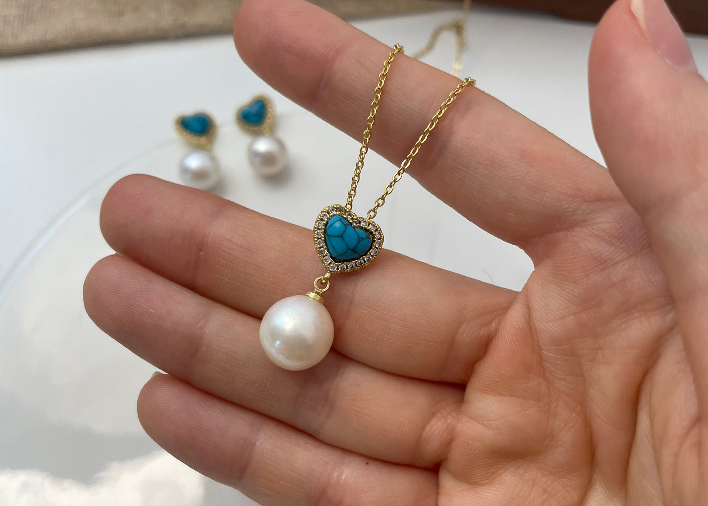 Set 34 | Elegant Blue Gem with White Pearl Jewellery Set