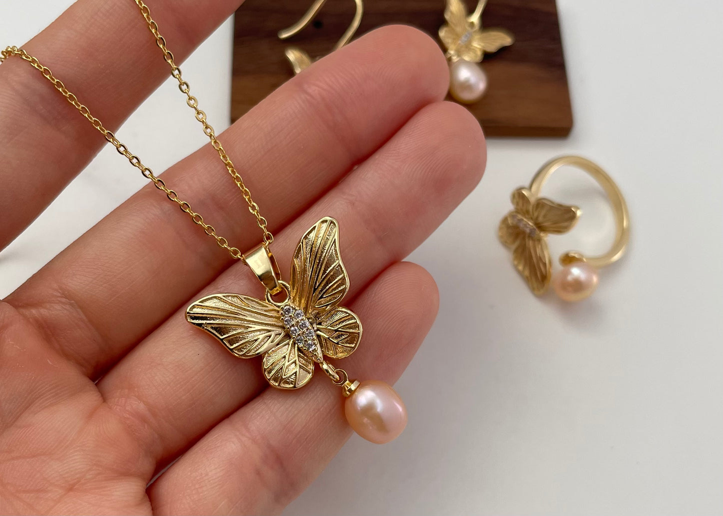 Set 10 | Gold Butterfly with Blush Orange Pearl Jewellery Set