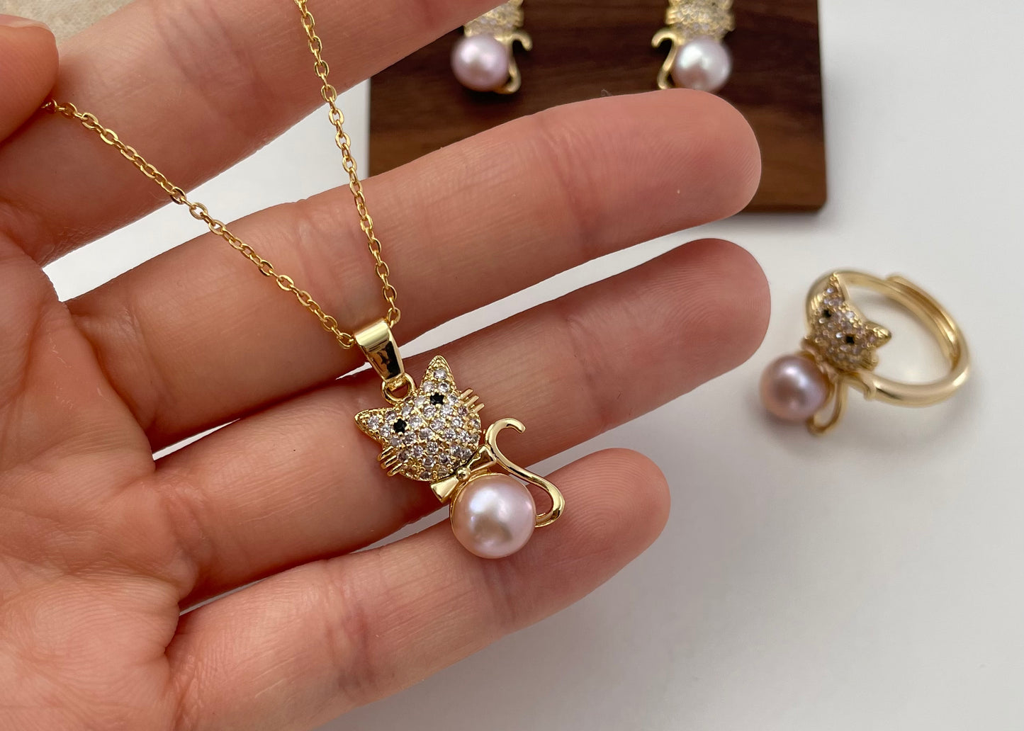 Set 12 | Gold Cat with Blush Pink Pearl Jewellery Set