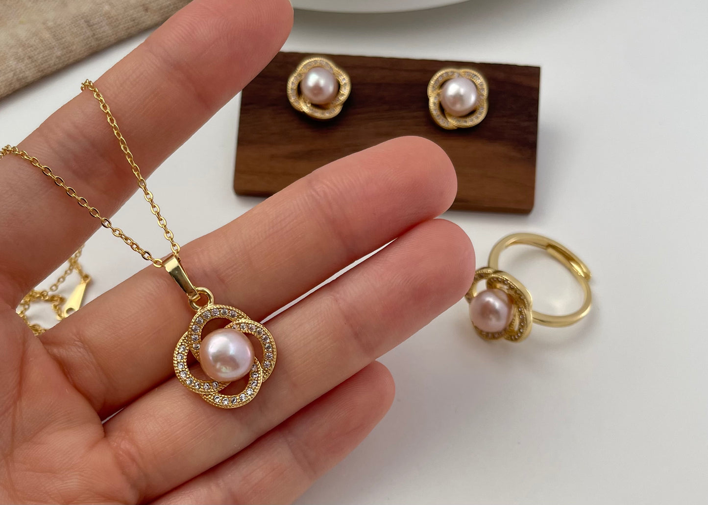 Set 9 | Gold Flower with Pink Pearl Jewellery Set