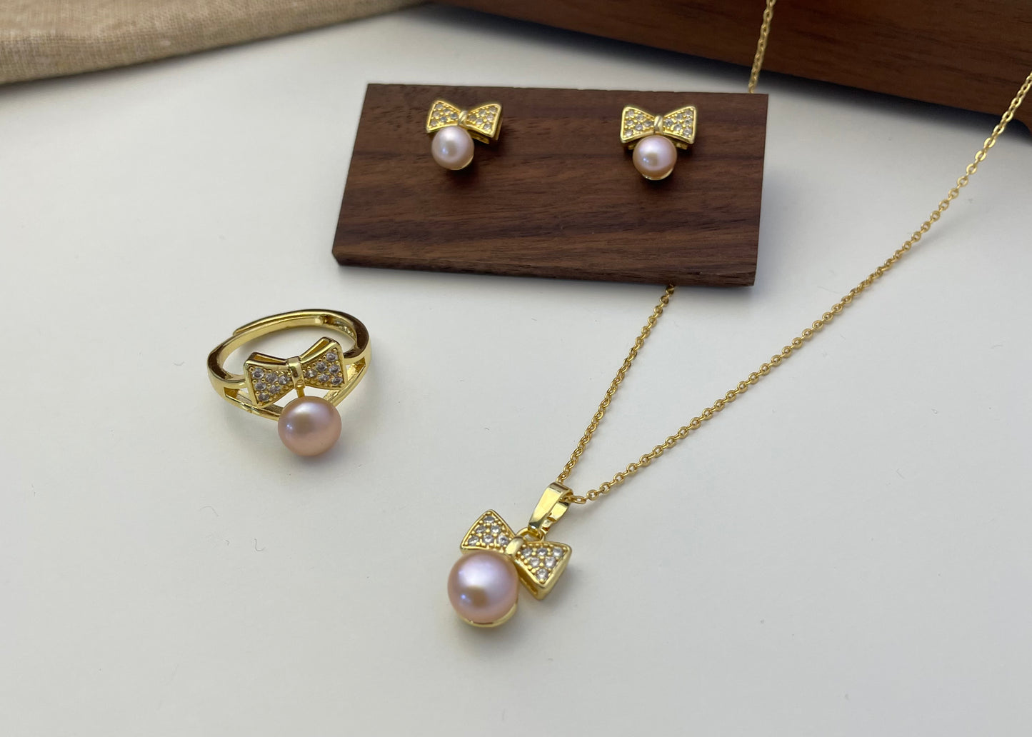 Set 21 | Gold Ribbon with Pink Pearl Jewellery Set