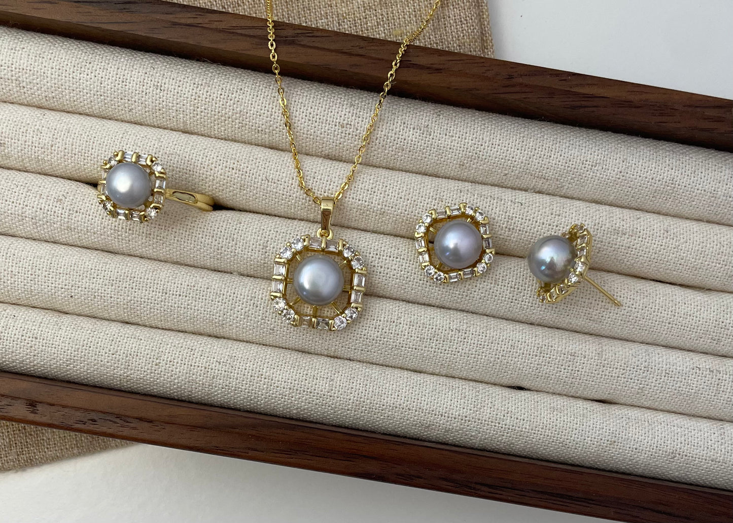 Set 27 | Square Gems with Grey Pearl Jewellery Set