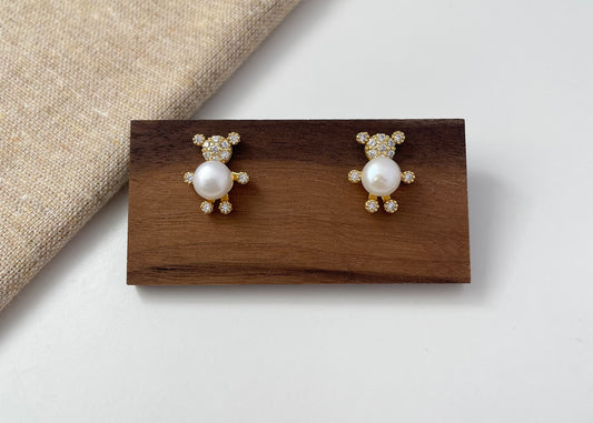 Earring 74 | Gold Bear White Pearl Stud Earring