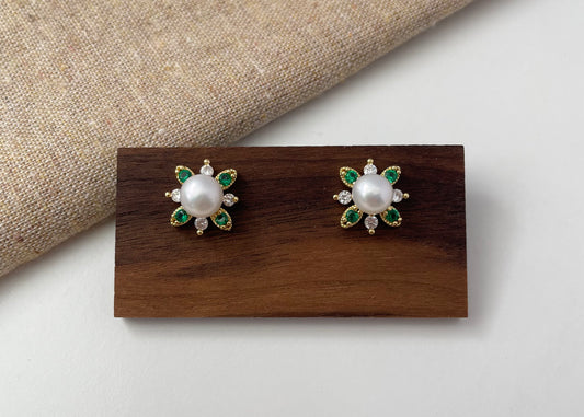 Earring 34 | Gold Pearl Flower Stud Earrings with Emerald & Crystal Gems