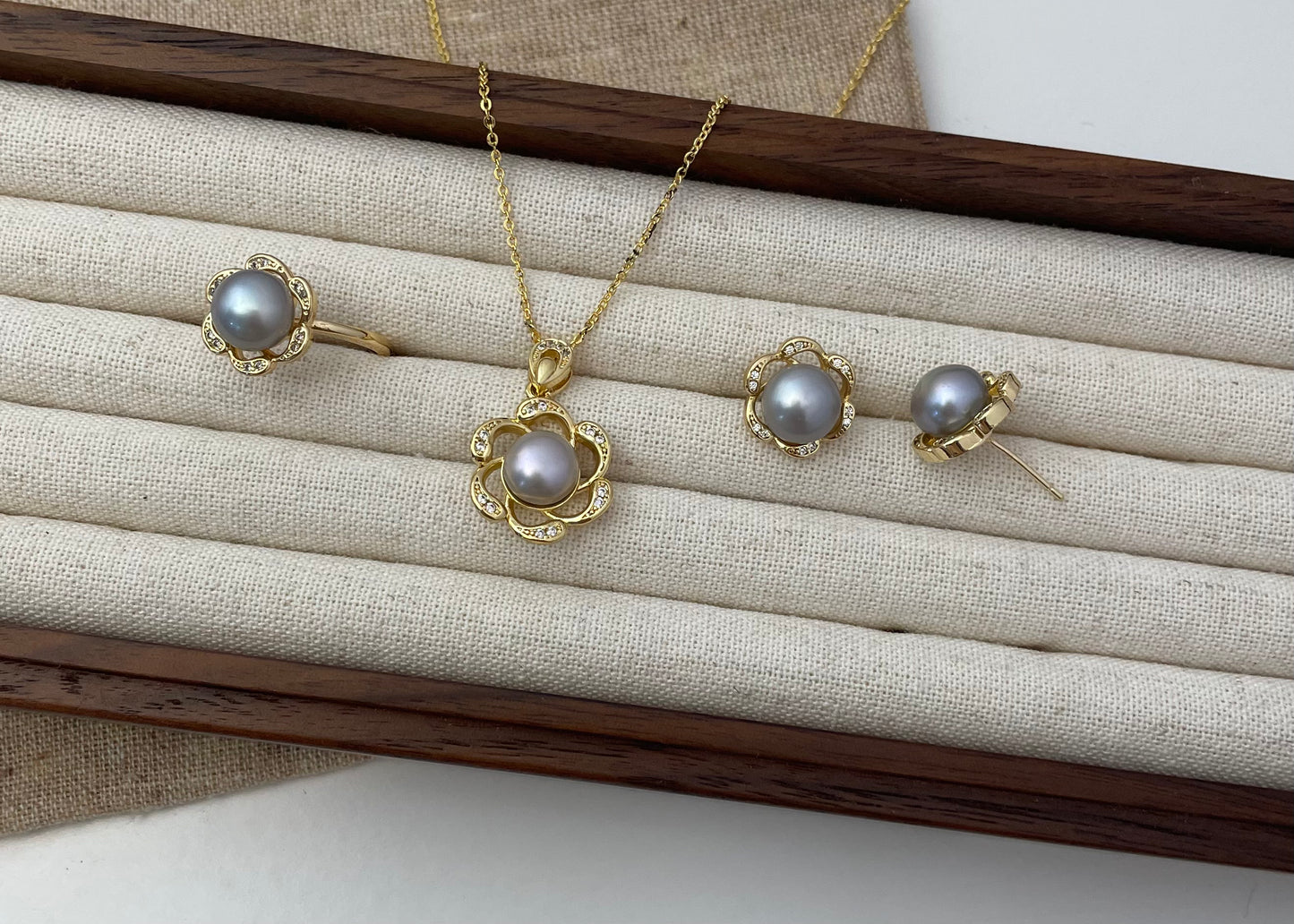 Set 30 | Elegant Gold Flower with Grey Pearl Jewellery Set