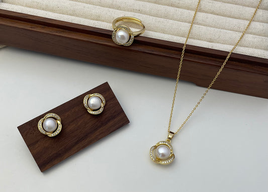 Set 15 | Elegant Gold Petal with White Pearl Jewellery Set