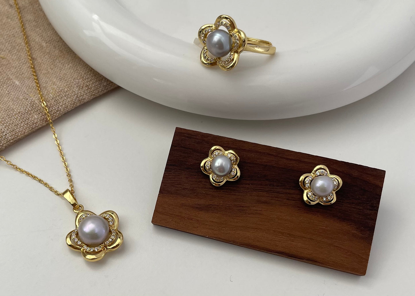 Set 7 | Flower with Silver Pearl Jewellery Set