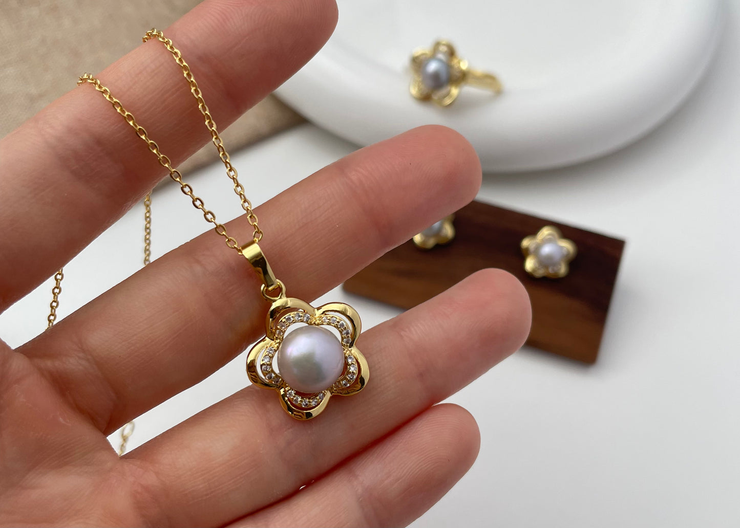 Set 7 | Flower with Silver Pearl Jewellery Set