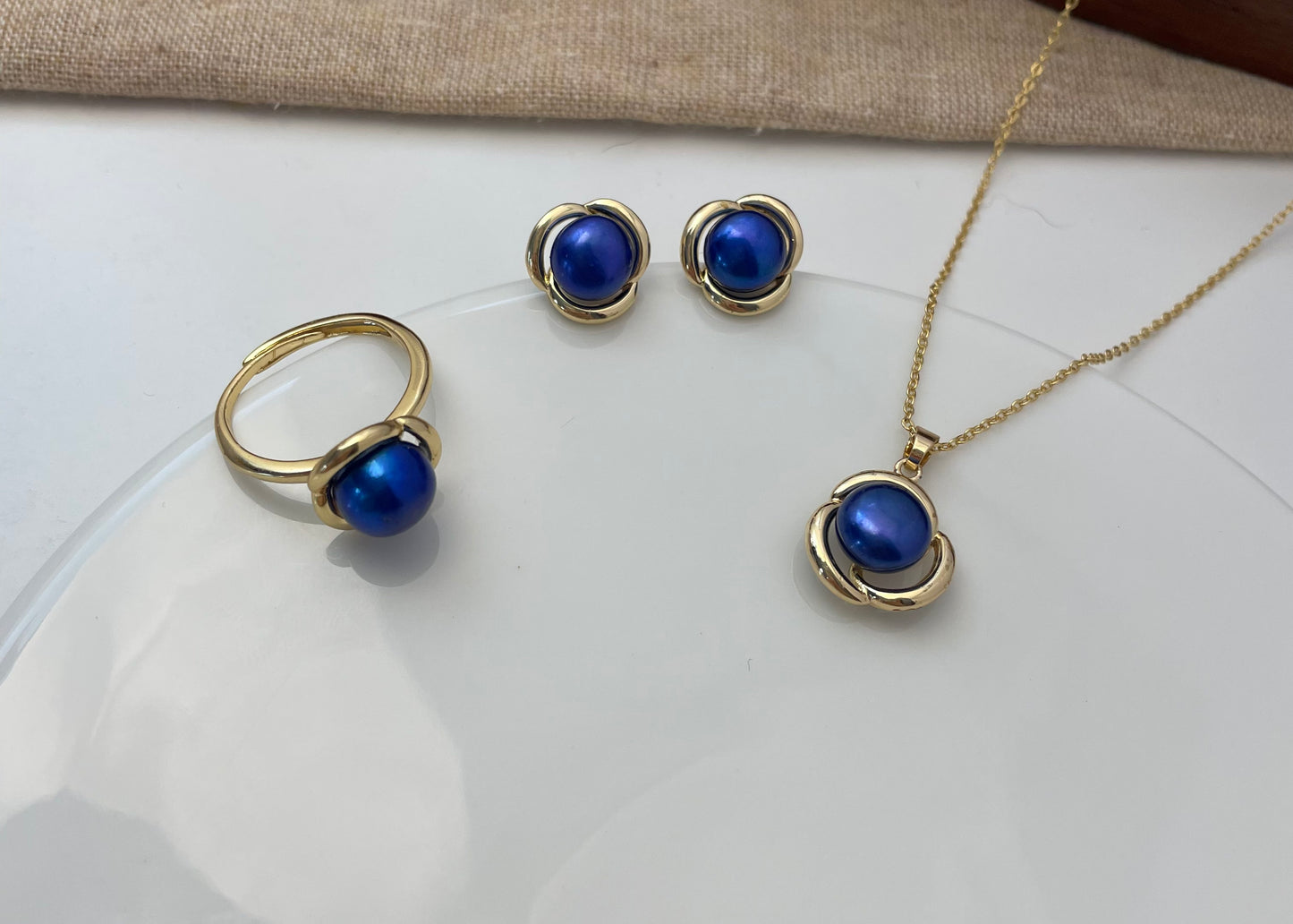 Set 35 | Gold Flower with Vibrant Blue Pearl Jewellery Set