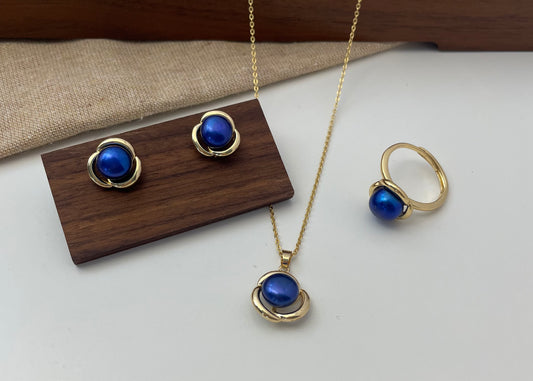 Set 35 | Gold Flower with Vibrant Blue Pearl Jewellery Set