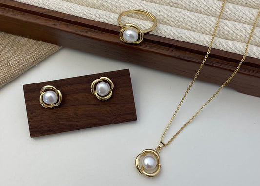 Set 25 | Gold Flower with White Pearl Jewellery Set