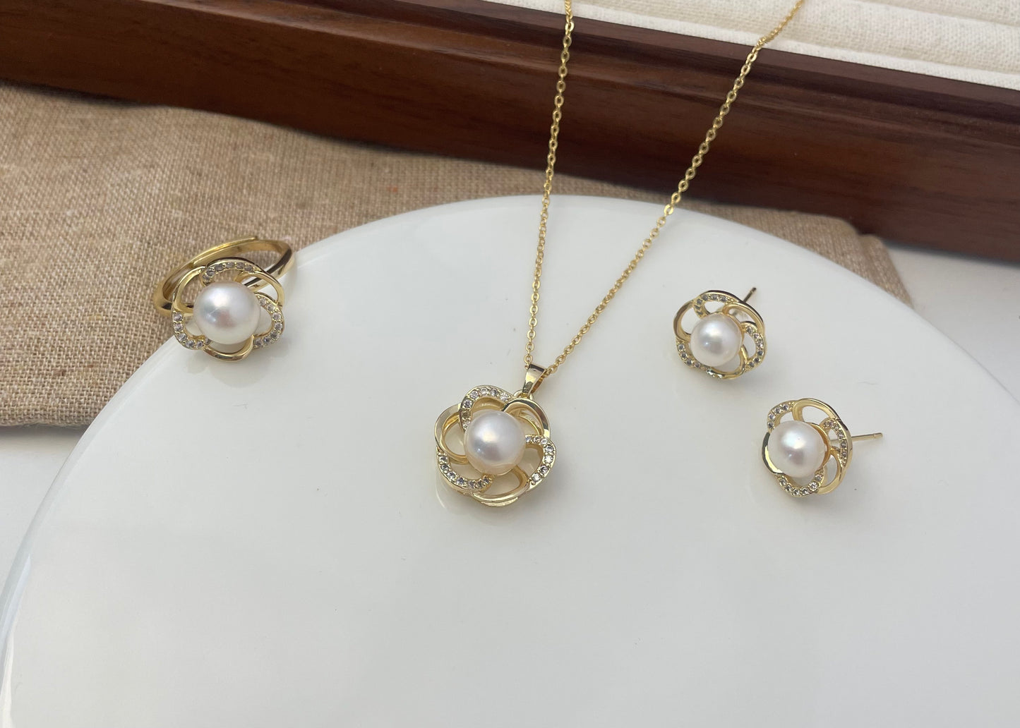 Set 26 | Gold Flower with White Pearl and Crystal Jewellery Set