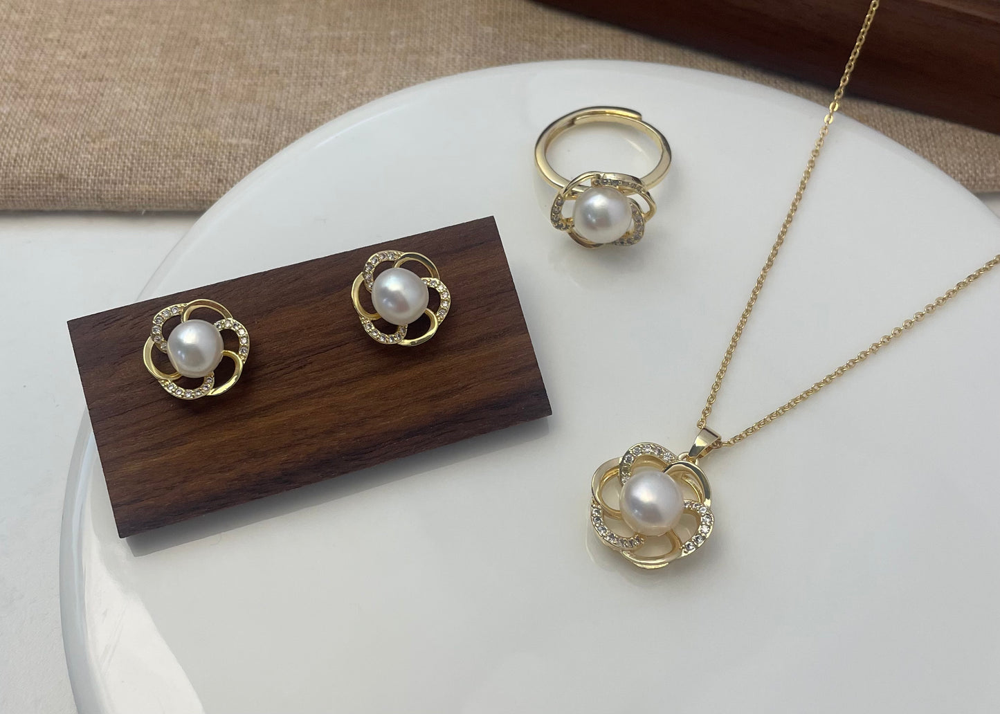Set 26 | Gold Flower with White Pearl and Crystal Jewellery Set