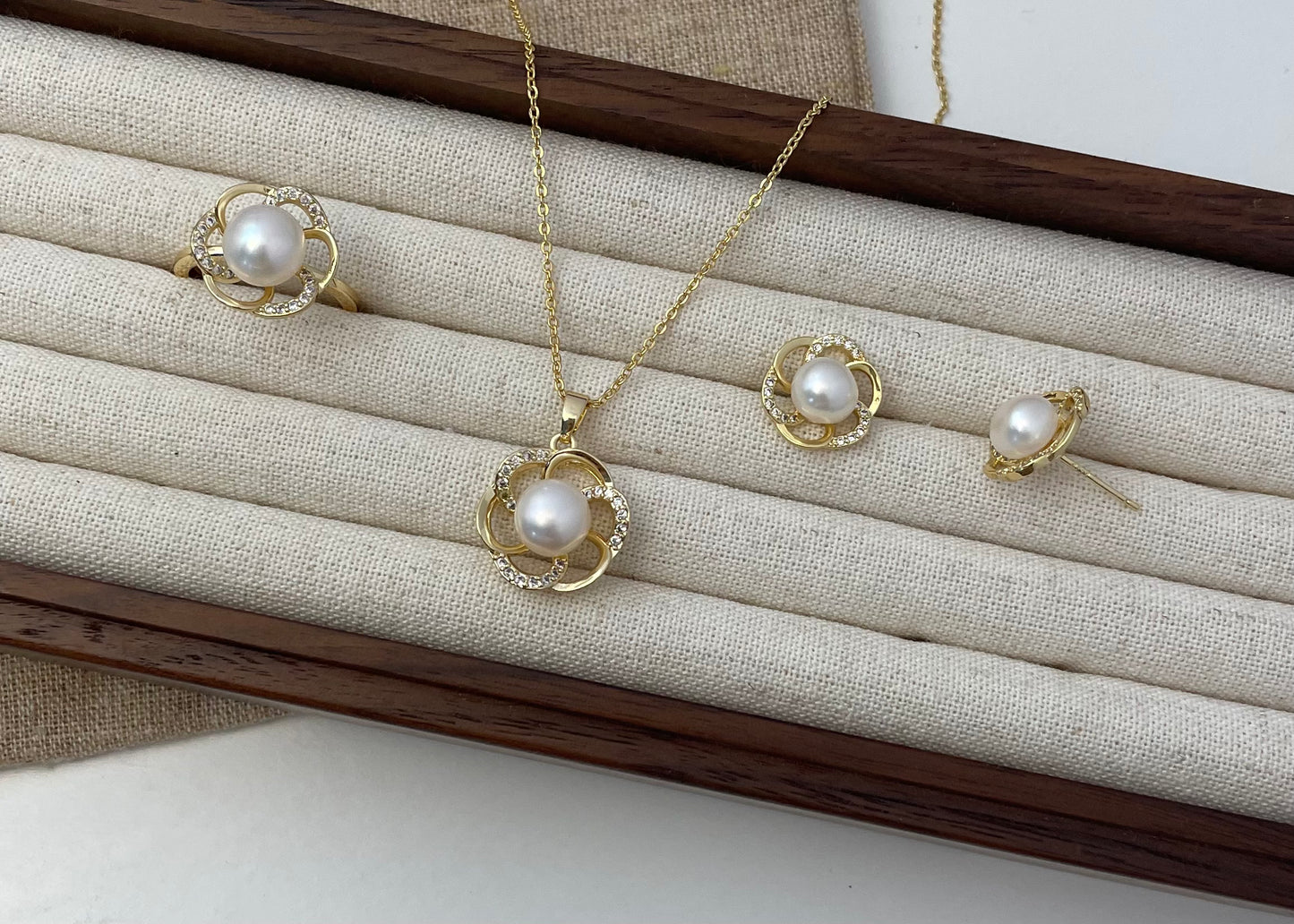 Set 26 | Gold Flower with White Pearl and Crystal Jewellery Set