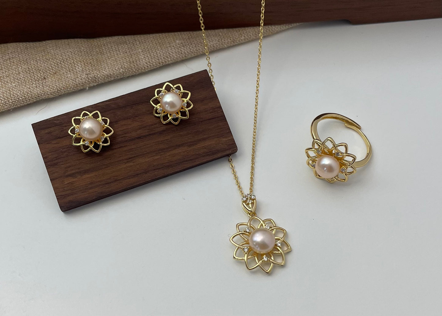 Set 33 | Gold Sunflower with Pastel Orange Pearl Jewellery Set