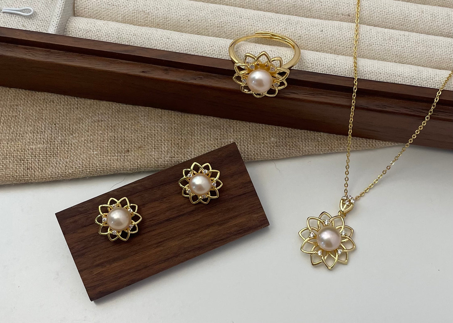 Set 33 | Gold Sunflower with Pastel Orange Pearl Jewellery Set