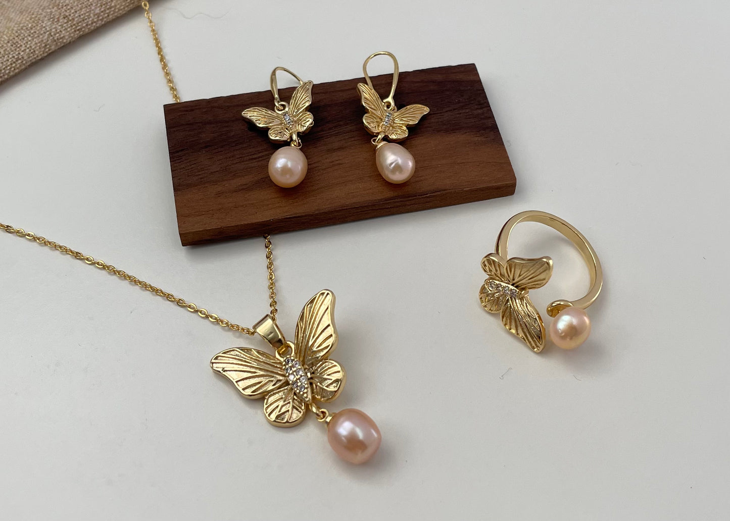 Set 10 | Gold Butterfly with Blush Orange Pearl Jewellery Set