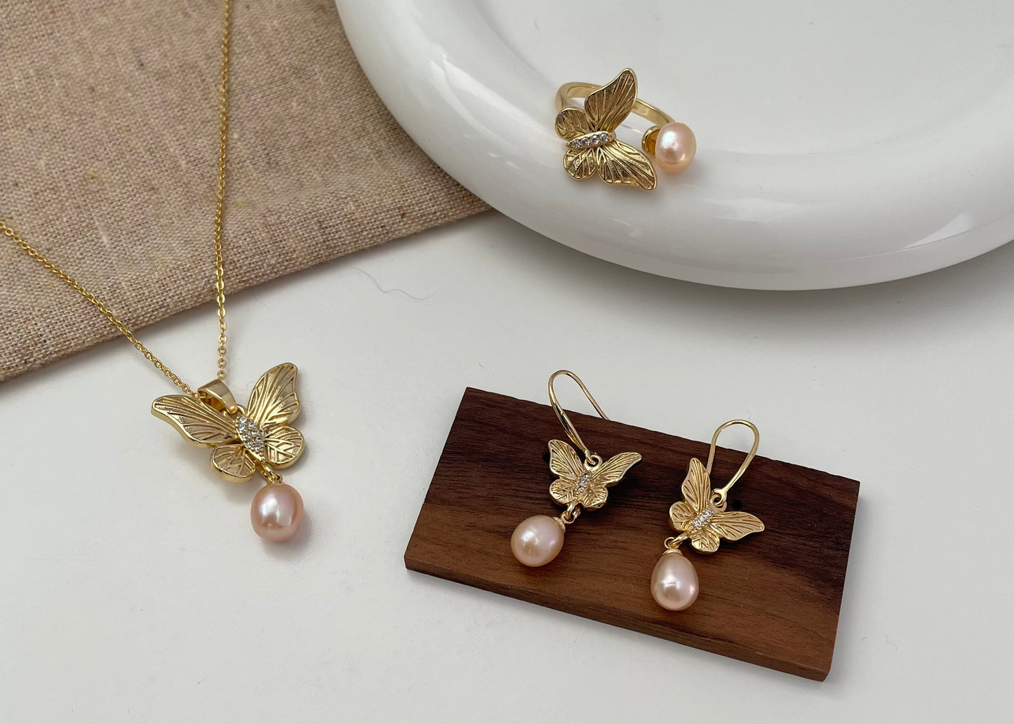 Set 10 | Gold Butterfly with Blush Orange Pearl Jewellery Set