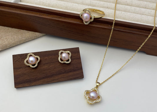 Set 22 | Gold Clover with Pink Pearl Jewellery Set