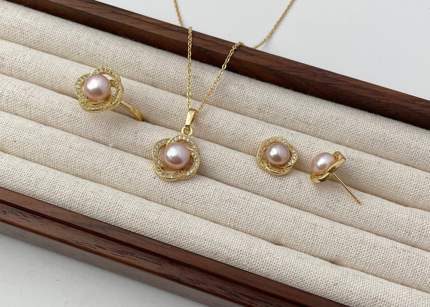 Set 9 | Gold Flower with Pink Pearl Jewellery Set