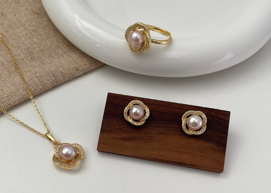 Set 9 | Gold Flower with Pink Pearl Jewellery Set