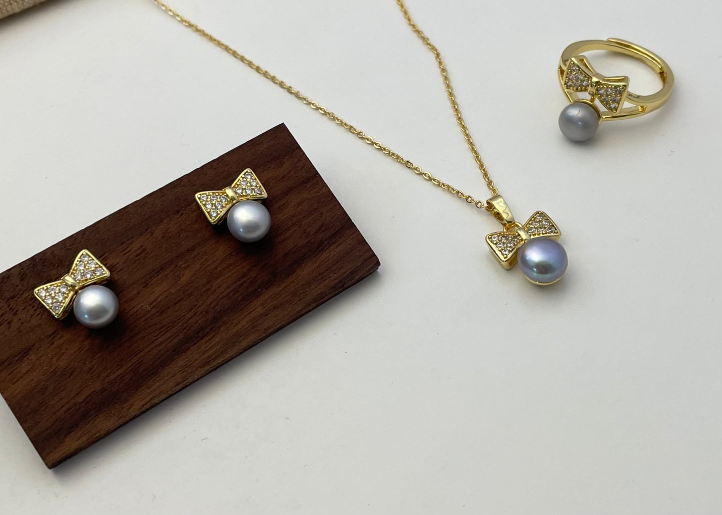 Set 14 | Gold Ribbon with Grey Pearl Jewellery Set