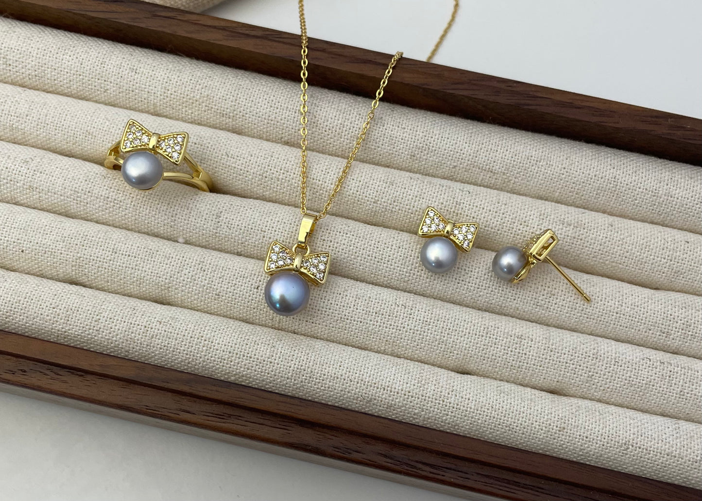 Set 14 | Gold Ribbon with Grey Pearl Jewellery Set