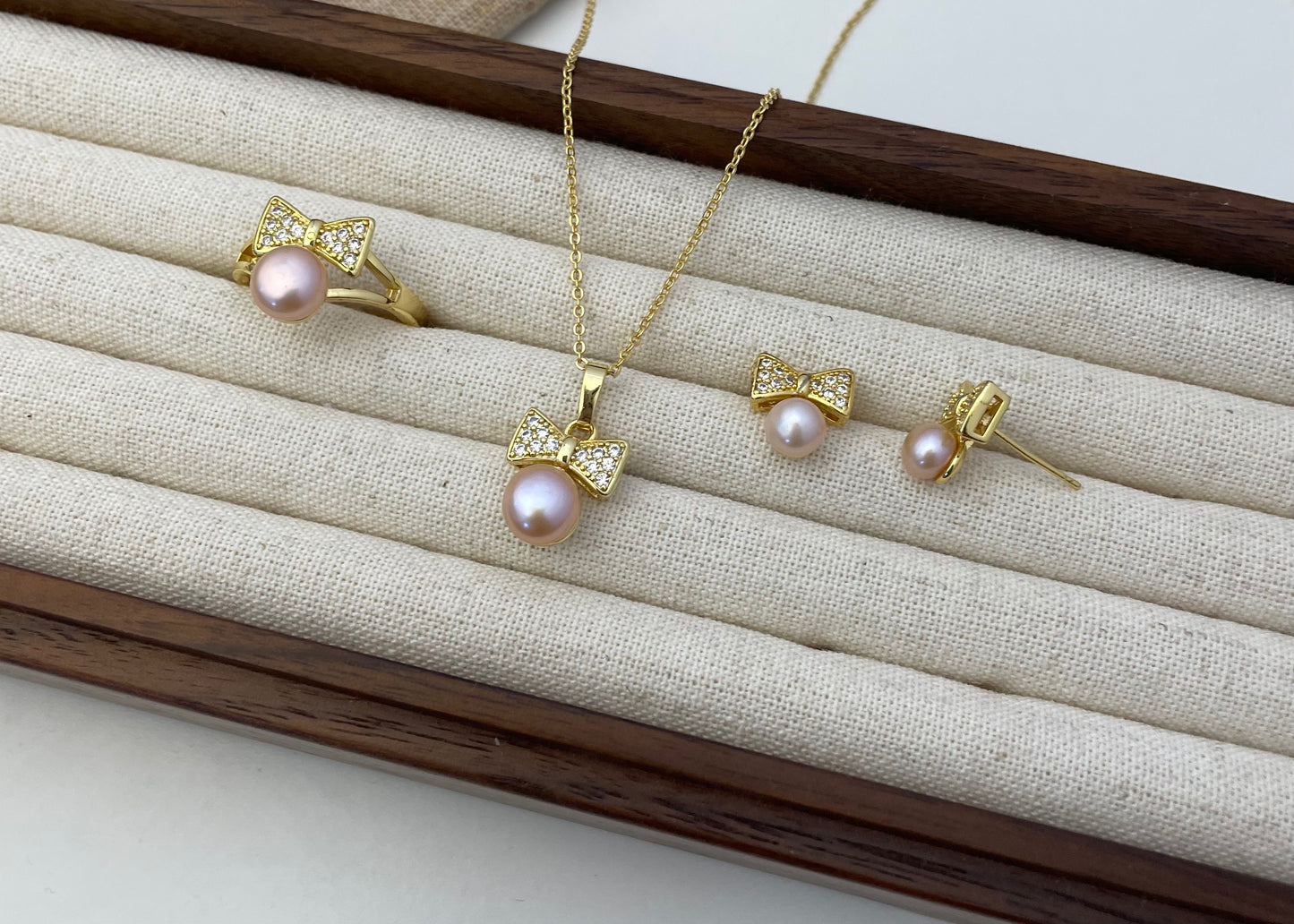 Set 21 | Gold Ribbon with Pink Pearl Jewellery Set