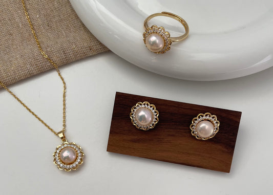 Set 11 | Gold Sunflower with Soft Pink Pearl Jewellery Set