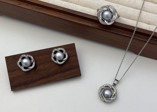 Set 16 | Silver Flower with Grey Pearl Jewellery Set