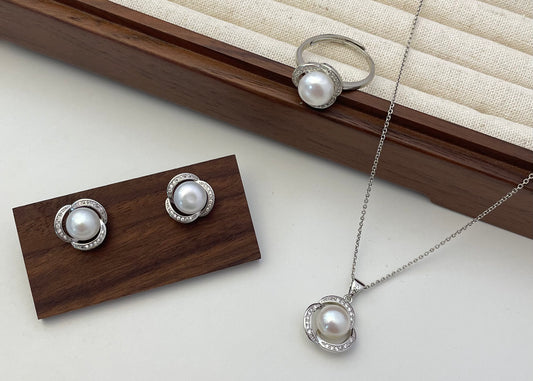 Set 17 | Silver Flower with White Pearl Jewellery Set