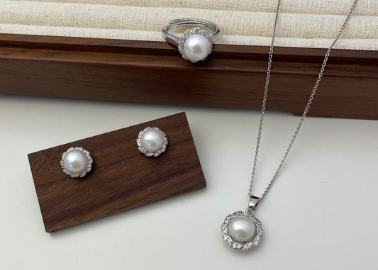 Set 19 | Silver Leaves with Grey Pearl Jewellery Set