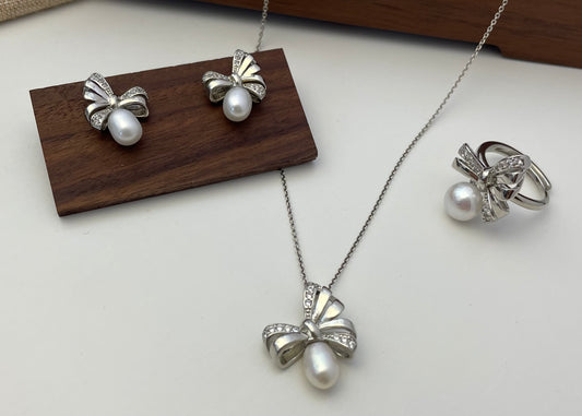 Set 20 | Silver Ribbon with White Pearl Jewellery Set