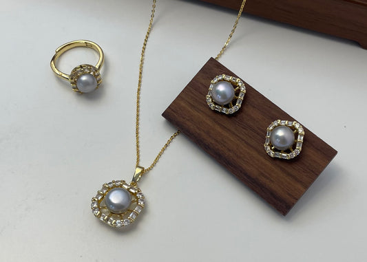 Set 27 | Square Gems with Grey Pearl Jewellery Set