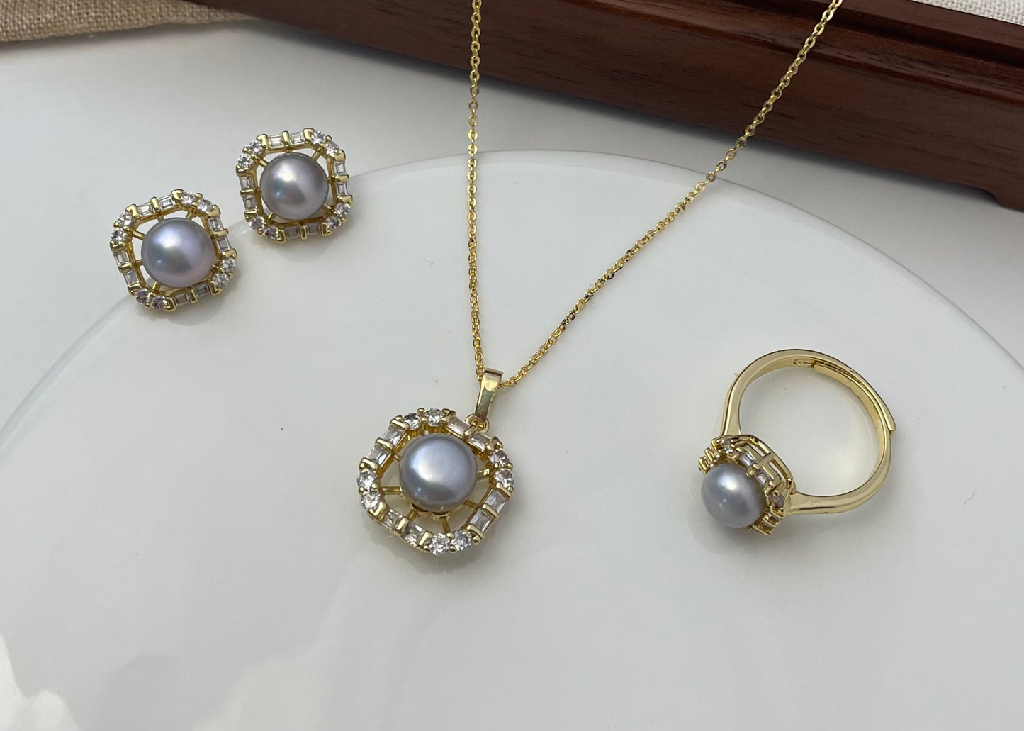 Set 27 | Square Gems with Grey Pearl Jewellery Set