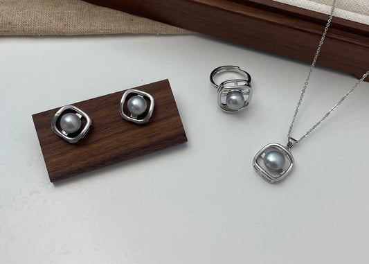 Set 29 | Vintage Square with Grey Pearl Jewellery Set