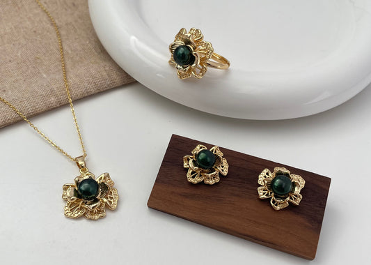 Set 8 | Vintage Flower with Green Pearl Jewellery Set