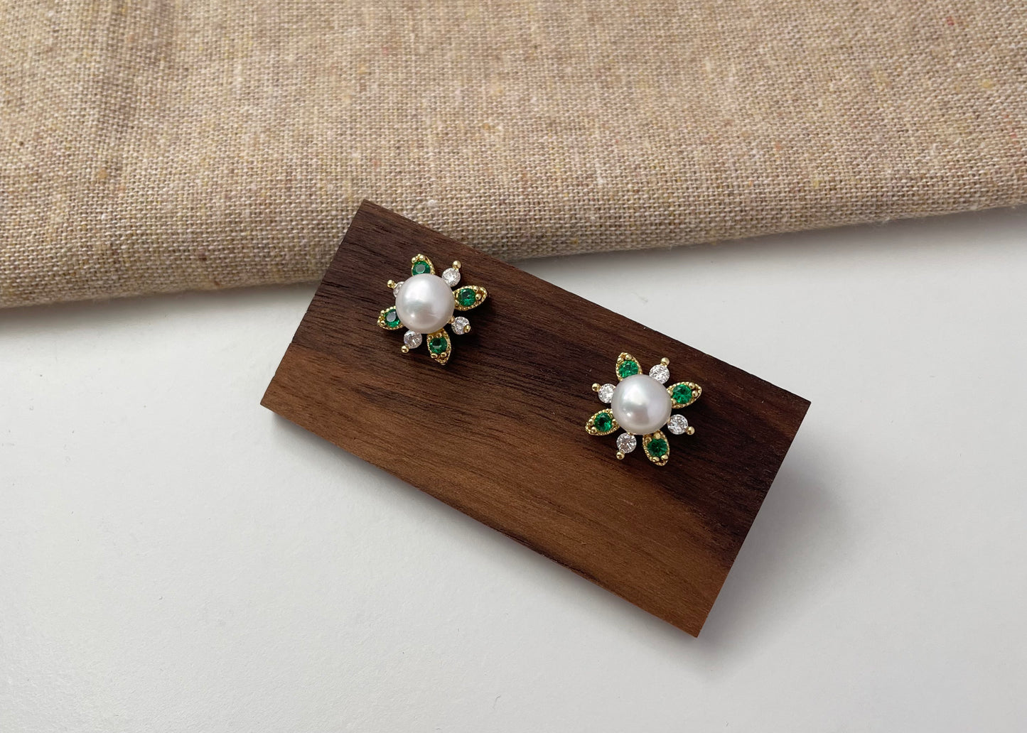 Earring 34 | Gold Pearl Flower Stud Earrings with Emerald & Crystal Gems