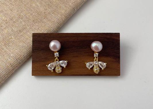 Earring 37 | Charming Bee Stud Earrings with Pink Pearls