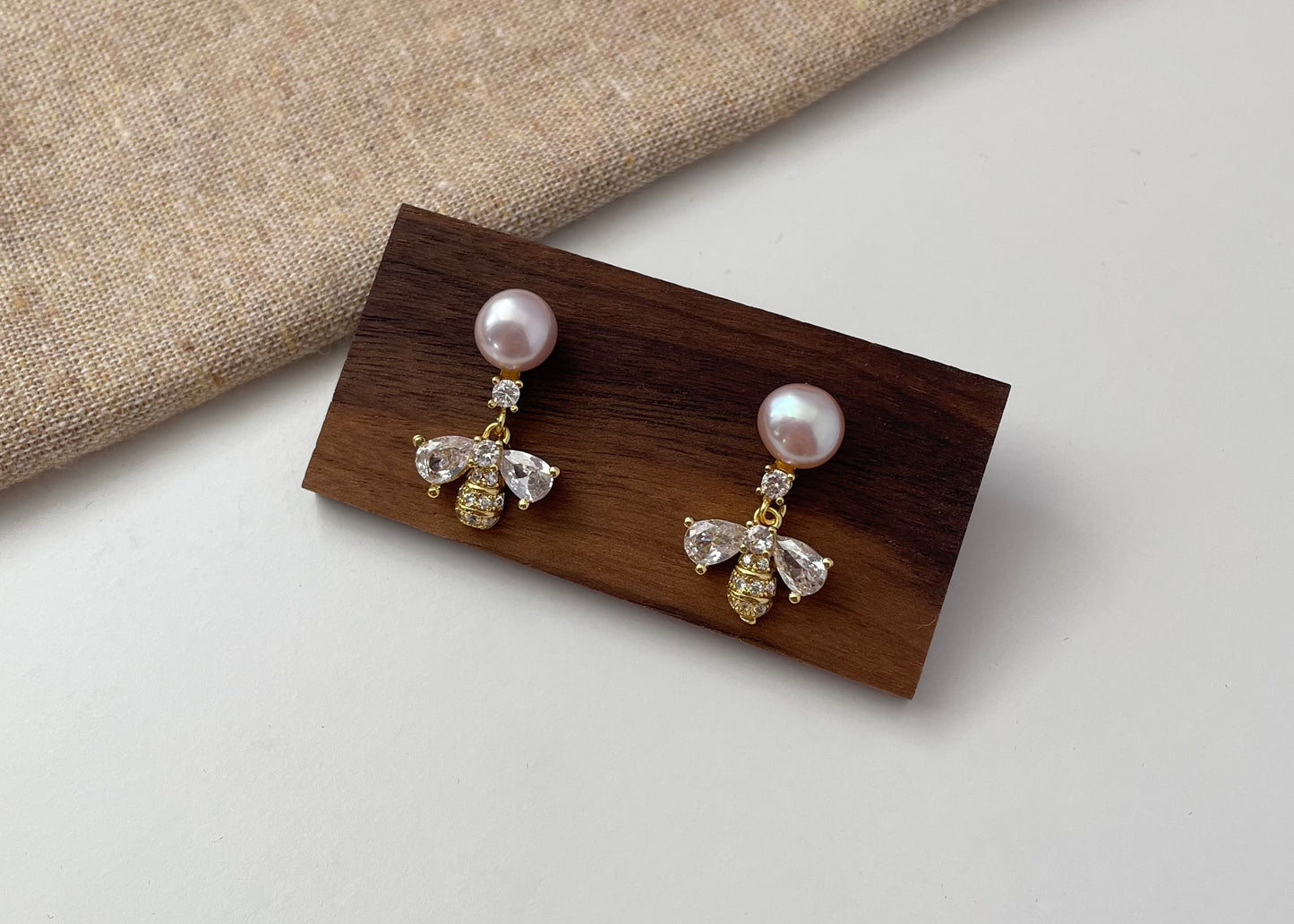 Earring 37 | Charming Bee Stud Earrings with Pink Pearls